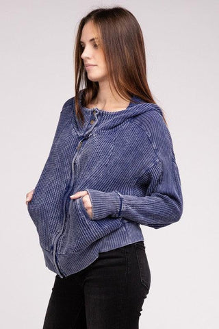 ZENANA Acid Wash Cotton Waffle Hooded Zip-Up Jacket - SwagglyLife Home & Fashion