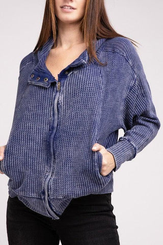 ZENANA Acid Wash Cotton Waffle Hooded Zip-Up Jacket - SwagglyLife Home & Fashion