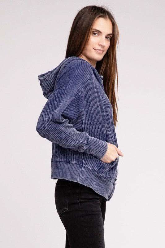 ZENANA Acid Wash Cotton Waffle Hooded Zip-Up Jacket - SwagglyLife Home & Fashion
