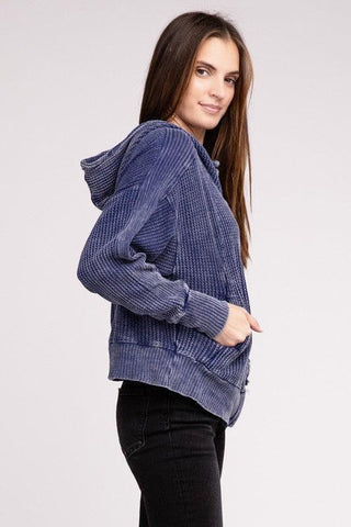 ZENANA Acid Wash Cotton Waffle Hooded Zip-Up Jacket - SwagglyLife Home & Fashion