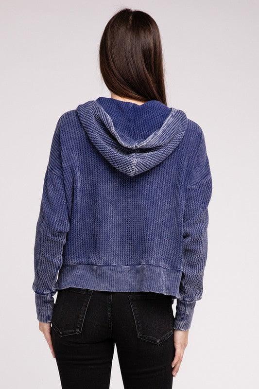 ZENANA Acid Wash Cotton Waffle Hooded Zip-Up Jacket - SwagglyLife Home & Fashion