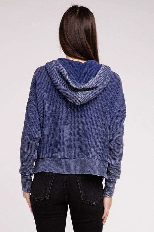 ZENANA Acid Wash Cotton Waffle Hooded Zip-Up Jacket - SwagglyLife Home & Fashion