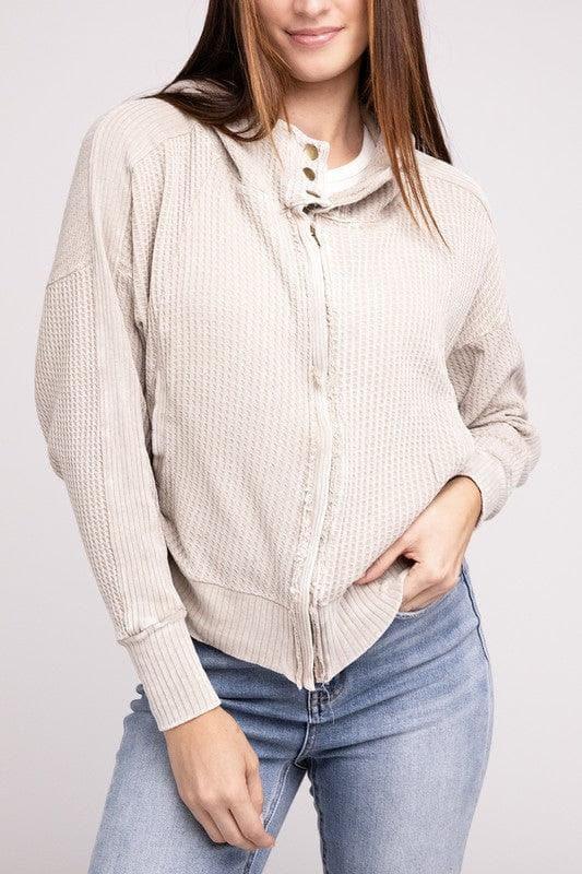 ZENANA Acid Wash Cotton Waffle Hooded Zip-Up Jacket - SwagglyLife Home & Fashion