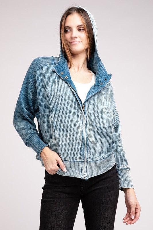 ZENANA Acid Wash Cotton Waffle Hooded Zip-Up Jacket - SwagglyLife Home & Fashion