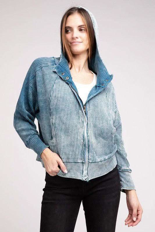 ZENANA Acid Wash Cotton Waffle Hooded Zip-Up Jacket - SwagglyLife Home & Fashion