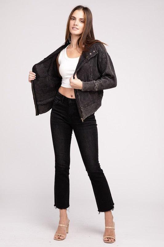 ZENANA Acid Wash Cotton Waffle Hooded Zip-Up Jacket - SwagglyLife Home & Fashion