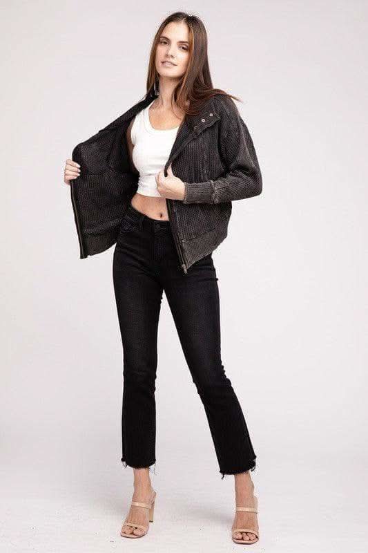 ZENANA Acid Wash Cotton Waffle Hooded Zip-Up Jacket - SwagglyLife Home & Fashion
