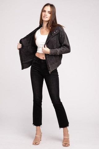 ZENANA Acid Wash Cotton Waffle Hooded Zip-Up Jacket - SwagglyLife Home & Fashion