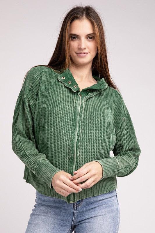 ZENANA Acid Wash Cotton Waffle Hooded Zip-Up Jacket - SwagglyLife Home & Fashion