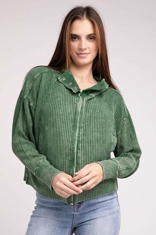 ZENANA Acid Wash Cotton Waffle Hooded Zip-Up Jacket - SwagglyLife Home & Fashion