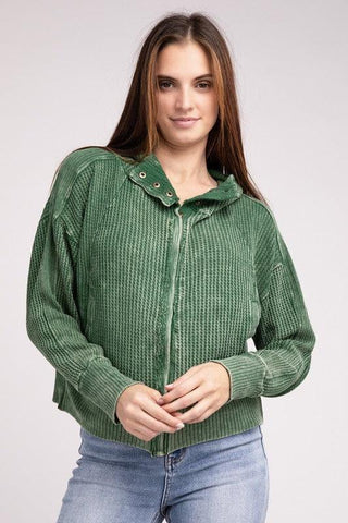 ZENANA Acid Wash Cotton Waffle Hooded Zip-Up Jacket - SwagglyLife Home & Fashion