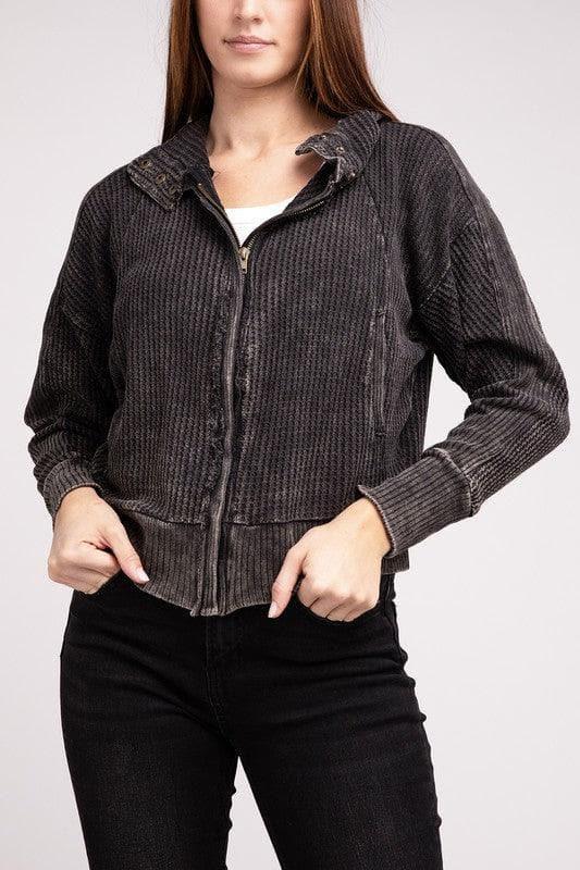 ZENANA Acid Wash Cotton Waffle Hooded Zip-Up Jacket - SwagglyLife Home & Fashion