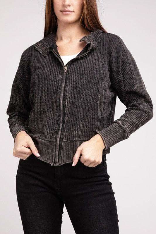ZENANA Acid Wash Cotton Waffle Hooded Zip-Up Jacket - SwagglyLife Home & Fashion
