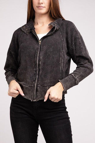ZENANA Acid Wash Cotton Waffle Hooded Zip-Up Jacket - SwagglyLife Home & Fashion