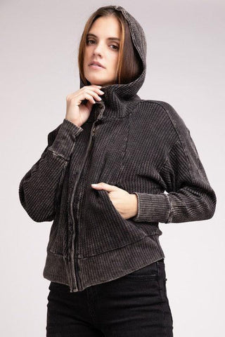 ZENANA Acid Wash Cotton Waffle Hooded Zip-Up Jacket - SwagglyLife Home & Fashion