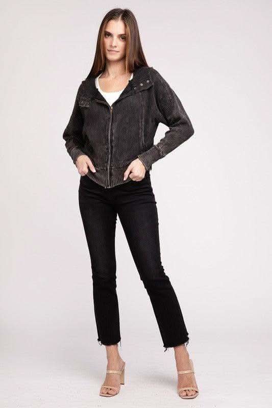 ZENANA Acid Wash Cotton Waffle Hooded Zip-Up Jacket - SwagglyLife Home & Fashion