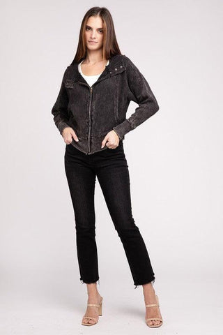 ZENANA Acid Wash Cotton Waffle Hooded Zip-Up Jacket - SwagglyLife Home & Fashion