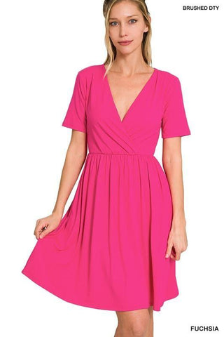 ZENANA Brushed DTY Buttery Soft Fabric Surplice Dress - SwagglyLife Home & Fashion
