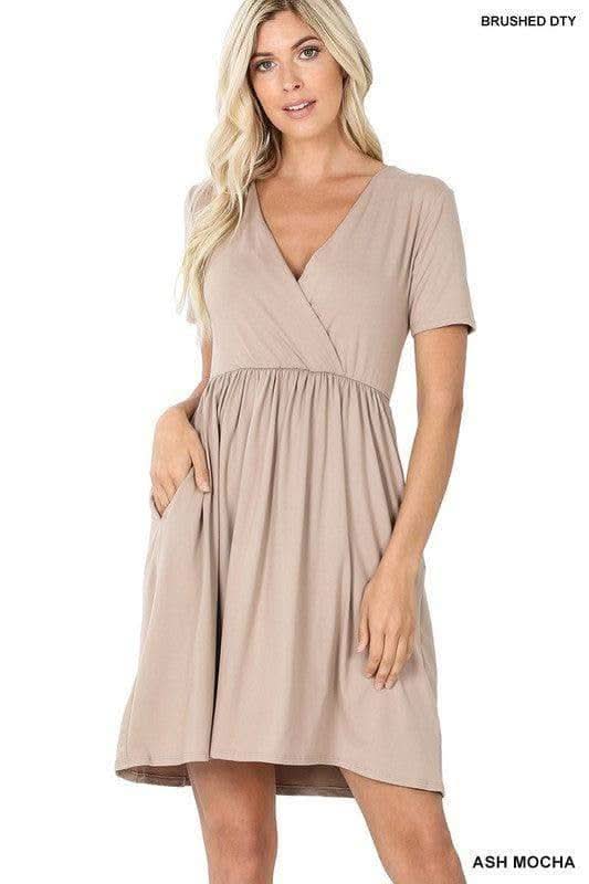 ZENANA Brushed DTY Buttery Soft Fabric Surplice Dress - SwagglyLife Home & Fashion