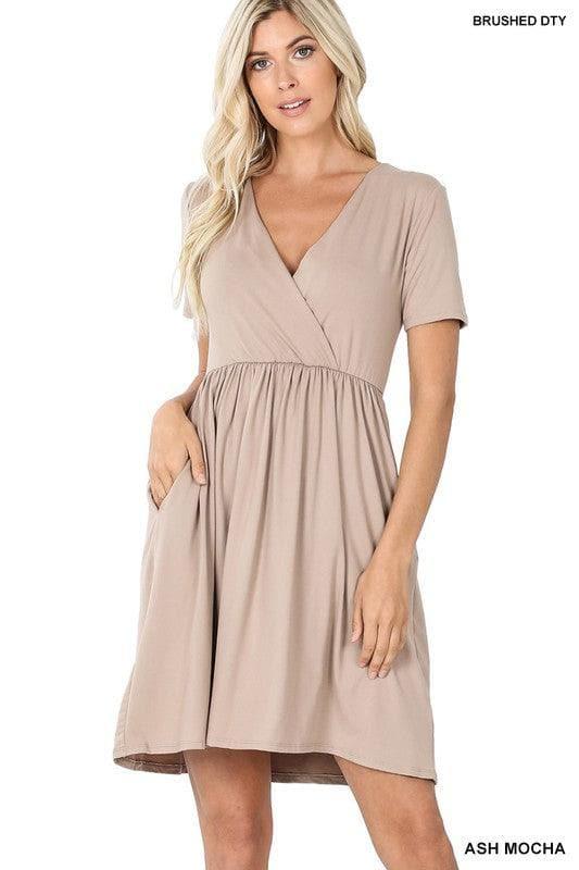 ZENANA Brushed DTY Buttery Soft Fabric Surplice Dress - SwagglyLife Home & Fashion