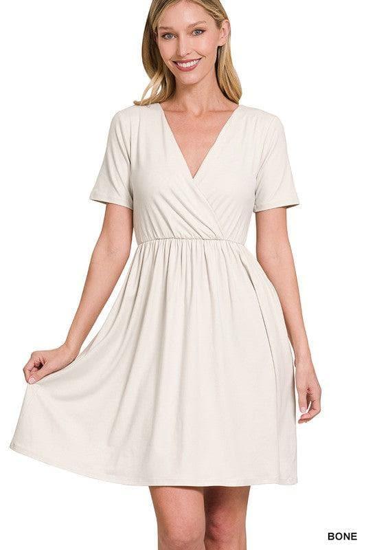 ZENANA Brushed DTY Buttery Soft Fabric Surplice Dress - SwagglyLife Home & Fashion