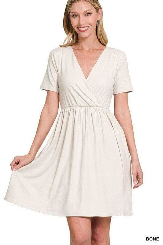 ZENANA Brushed DTY Buttery Soft Fabric Surplice Dress - SwagglyLife Home & Fashion