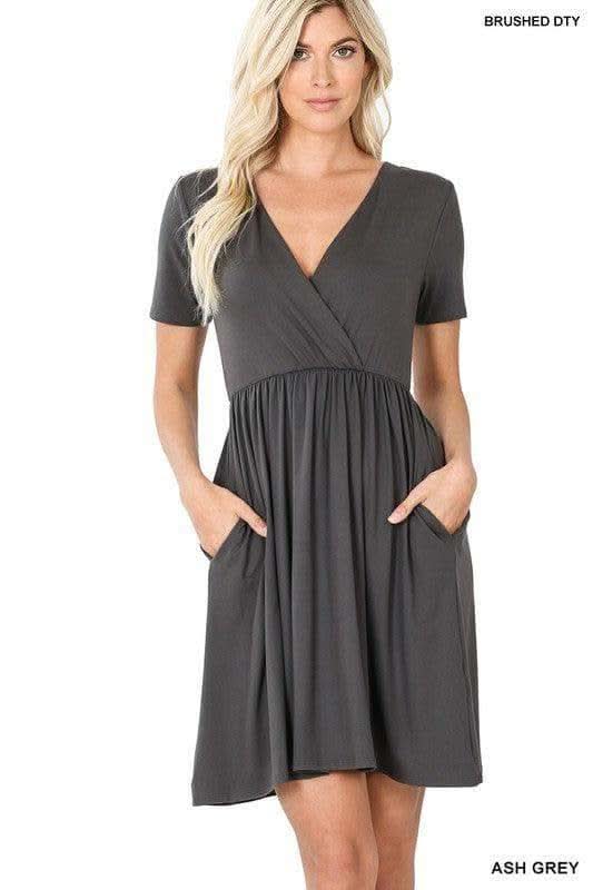ZENANA Brushed DTY Buttery Soft Fabric Surplice Dress - SwagglyLife Home & Fashion