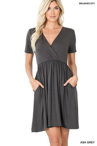 ZENANA Brushed DTY Buttery Soft Fabric Surplice Dress - SwagglyLife Home & Fashion