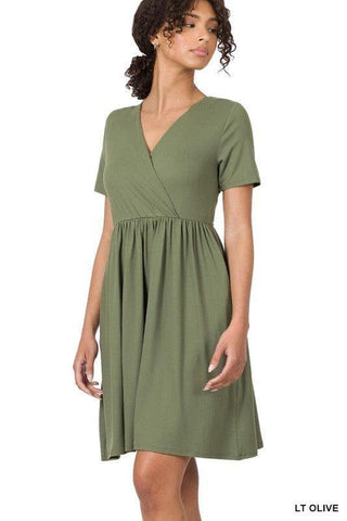 ZENANA Brushed DTY Buttery Soft Fabric Surplice Dress - SwagglyLife Home & Fashion