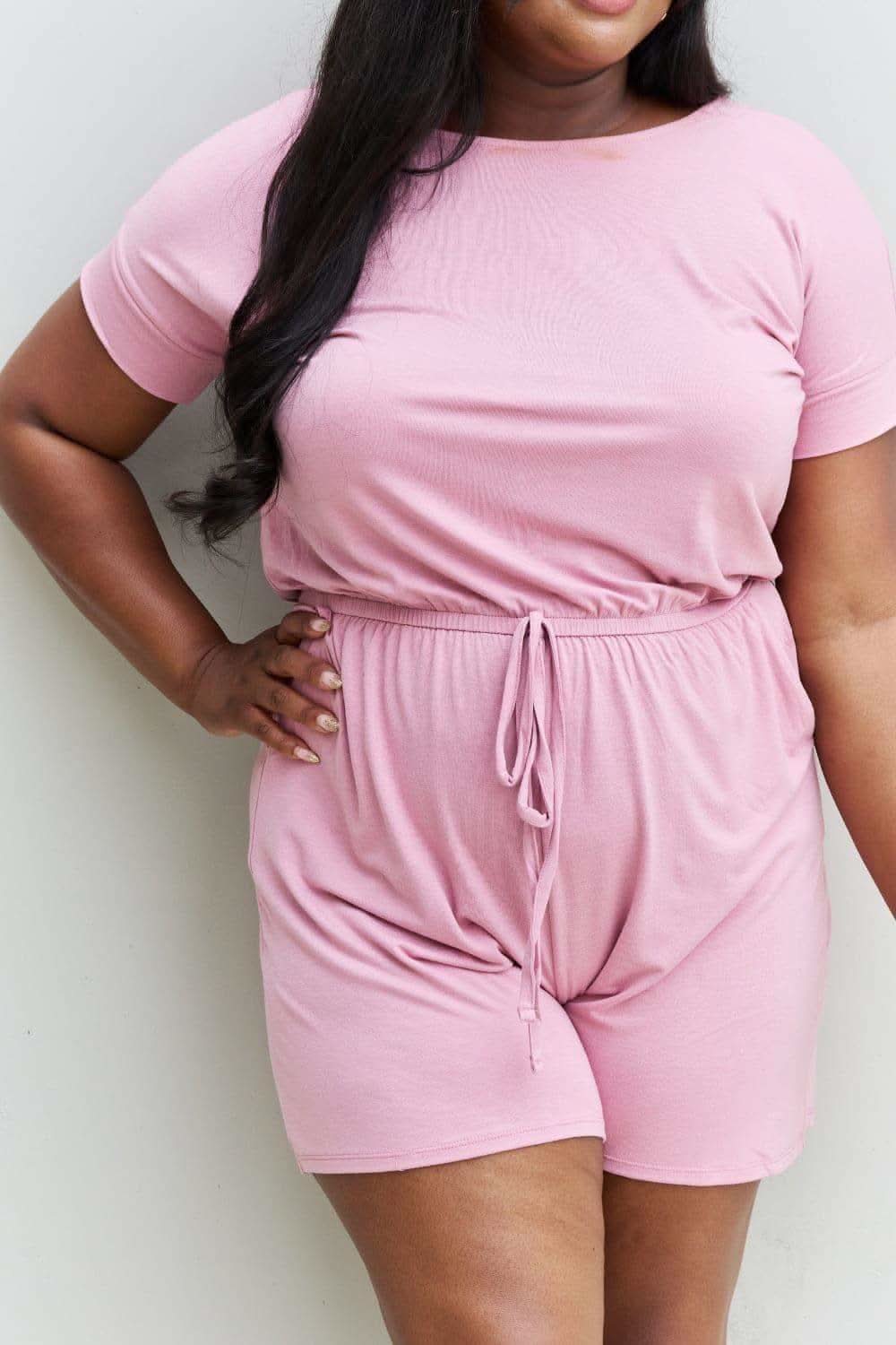 Zenana Chilled Out Full Size Short Sleeve Romper in Light Carnation Pink - SwagglyLife Home & Fashion