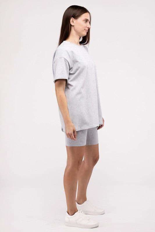 Zenana Cotton Round Neck Top & Biker Shorts Set - SwagglyLife Home & Fashion