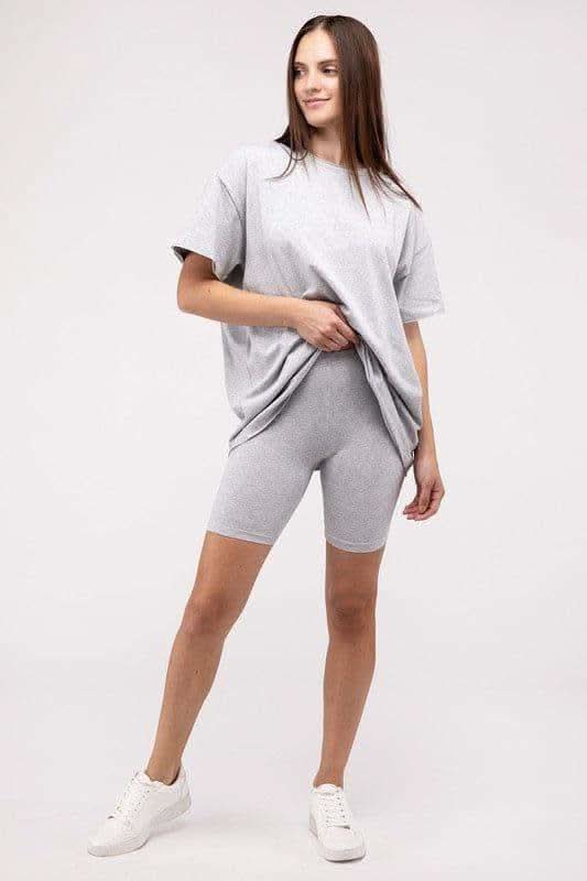 Zenana Cotton Round Neck Top & Biker Shorts Set - SwagglyLife Home & Fashion