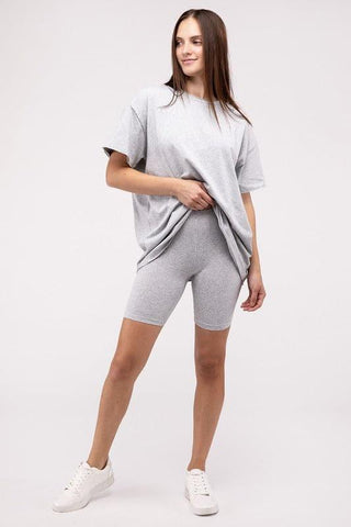 Zenana Cotton Round Neck Top & Biker Shorts Set - SwagglyLife Home & Fashion