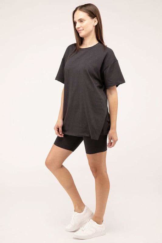 Zenana Cotton Round Neck Top & Biker Shorts Set - SwagglyLife Home & Fashion