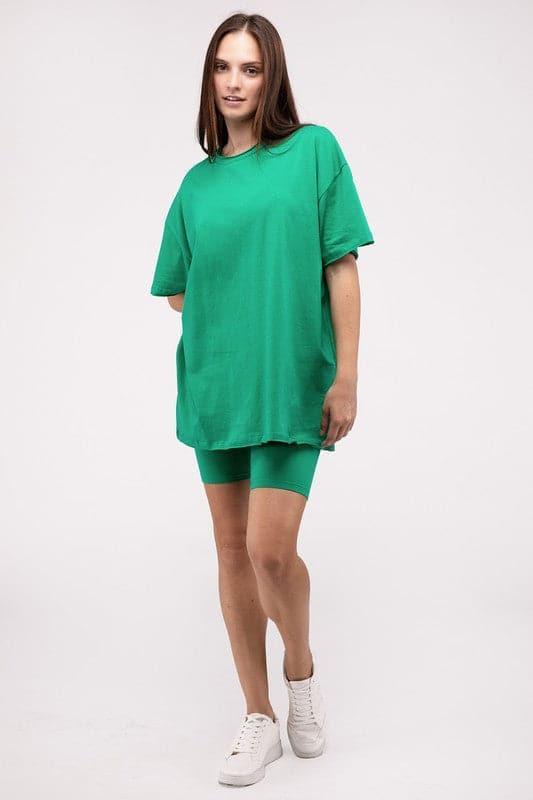 Zenana Cotton Round Neck Top & Biker Shorts Set - SwagglyLife Home & Fashion