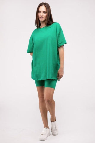 Zenana Cotton Round Neck Top & Biker Shorts Set - SwagglyLife Home & Fashion