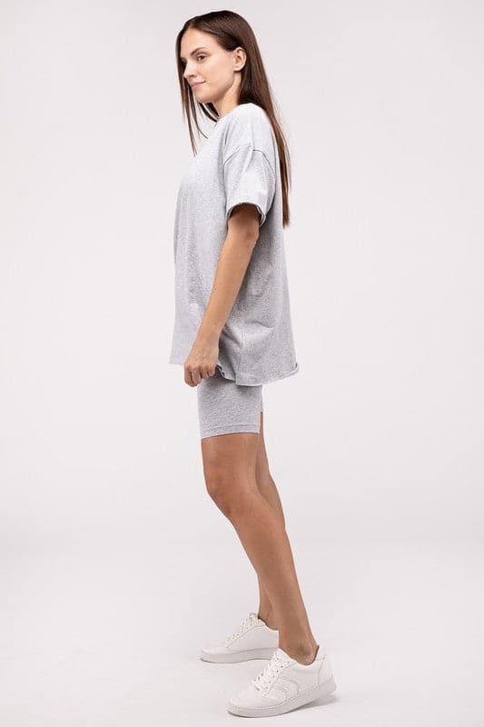 Zenana Cotton Round Neck Top & Biker Shorts Set - SwagglyLife Home & Fashion