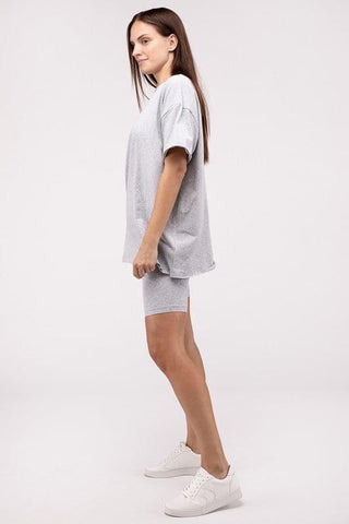 Zenana Cotton Round Neck Top & Biker Shorts Set - SwagglyLife Home & Fashion