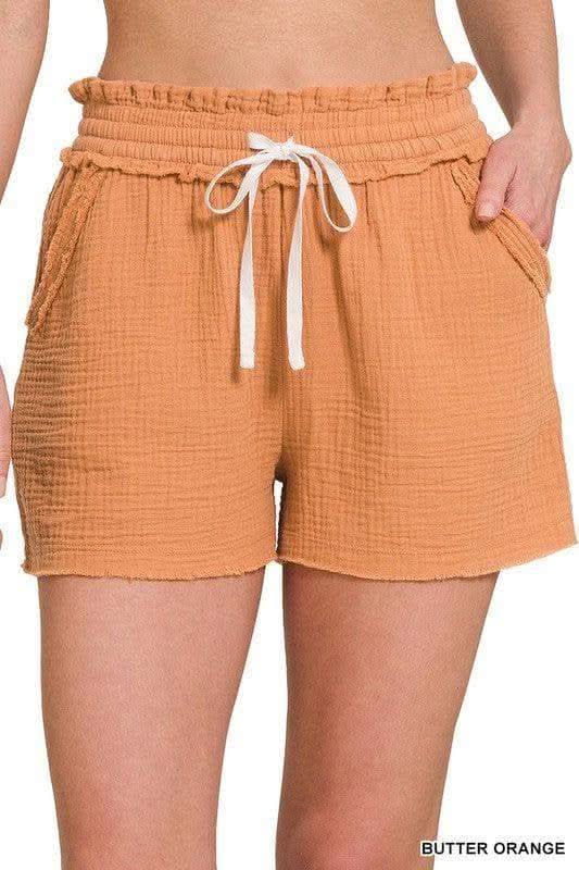 ZENANA Double Elasticband Drawstring Waist Shorts in BUTTER ORANGE - Shorts photo