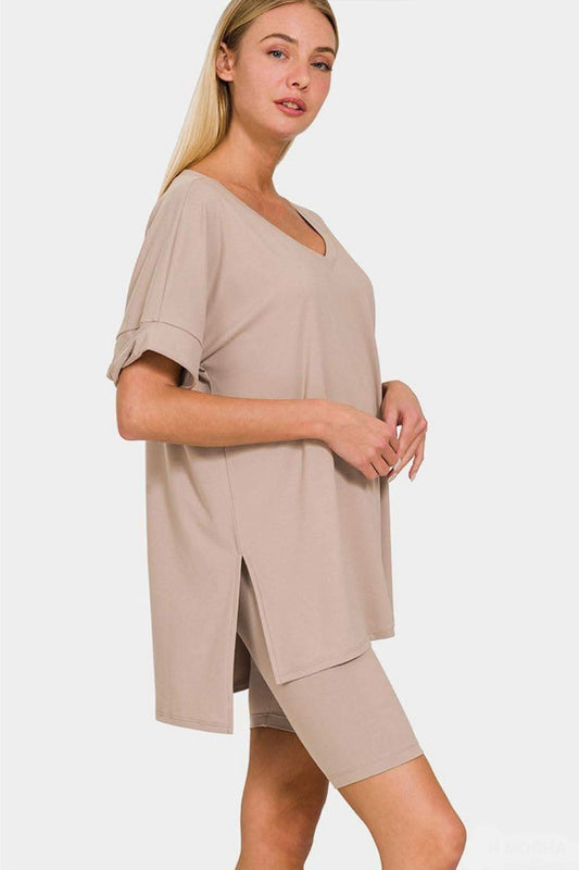 Zenana Full Size V-Neck Short Sleeve Slit T-Shirt and Shorts Set in Ash Mocha - photo