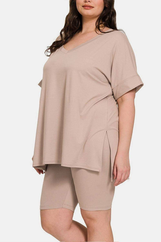 Zenana Full Size V-Neck Short Sleeve Slit T-Shirt and Shorts Set in - photo