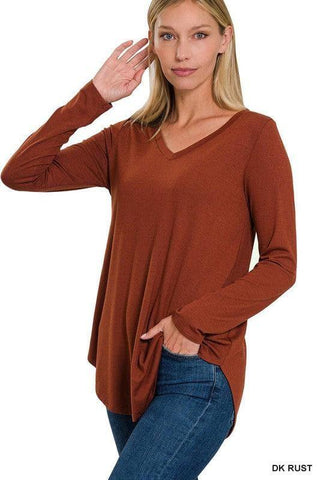 ZENANA Long Sleeve V-Neck Round Hem Top - SwagglyLife Home & Fashion