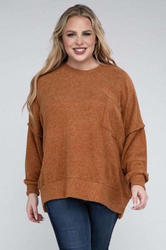 ZENANA Plus Brushed Melange Drop Shoulder Sweater - SwagglyLife Home & Fashion