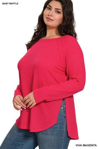 ZENANA Plus Melange Baby Waffle Long Sleeve Top - SwagglyLife Home & Fashion