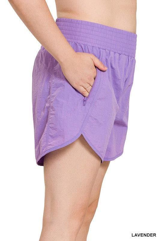 ZENANA Plus Windbreaker Smocked Waistband Running Shorts w/ Zip Pockets, 9 Colors - SwagglyLife Home & Fashion