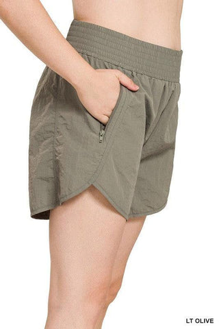 ZENANA Plus Windbreaker Smocked Waistband Running Shorts w/ Zip Pockets, 9 Colors - SwagglyLife Home & Fashion