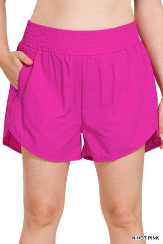 ZENANA Plus Windbreaker Smocked Waistband Running Shorts w/ Zip Pockets, 9 Colors - SwagglyLife Home & Fashion