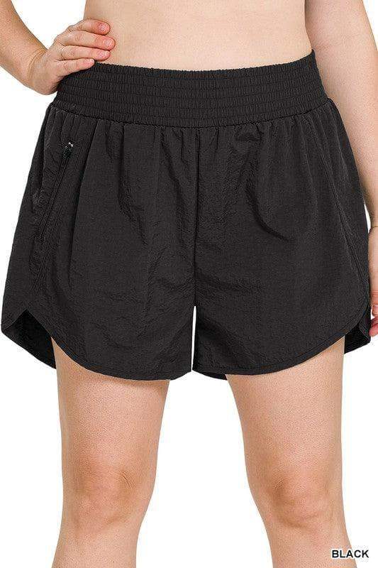ZENANA Plus Windbreaker Smocked Waistband Running Shorts w/ Zip Pockets, 9 Colors - SwagglyLife Home & Fashion