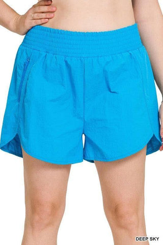 ZENANA Plus Windbreaker Smocked Waistband Running Shorts w/ Zip Pockets, 9 Colors - SwagglyLife Home & Fashion