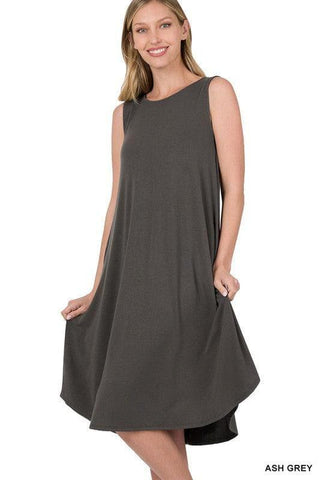 ZENANA Sleeveless Round Neck Hem Midi Dress with Pockets - SwagglyLife Home & Fashion